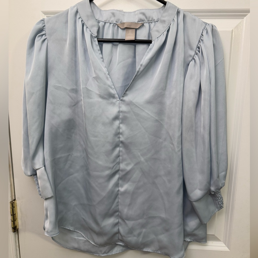 NWOT H&M Blue Puff Sleeve Blouse with Mandarin Collar